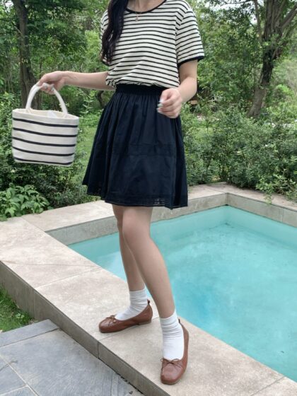 甜系少女心~ 蕾丝棉麻A字蛋糕半身裙 (黑色)