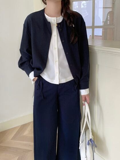 简约范~ 深蓝色厚实遮肉高腰长裤 Navy Culottes