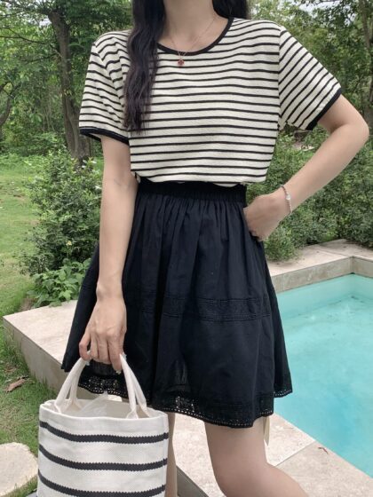 甜系少女心~ 蕾丝棉麻A字蛋糕半身裙 (黑色)