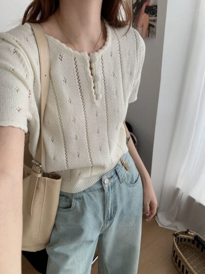 [REJECTED SALE] Lillie Cut-out Knit Top In White 简约繁华~ 针织镂空花上衣