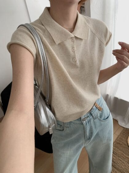 Hazel Soft Knit Polo Top in Oat 燕麦奶芙~ 高密度燕麦Polo上衣