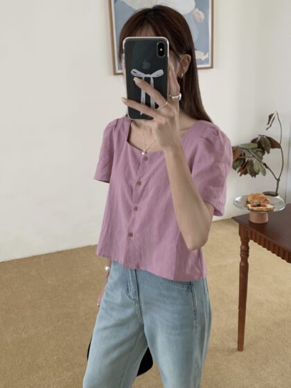 微醺葡萄~ 方领棉麻小衫