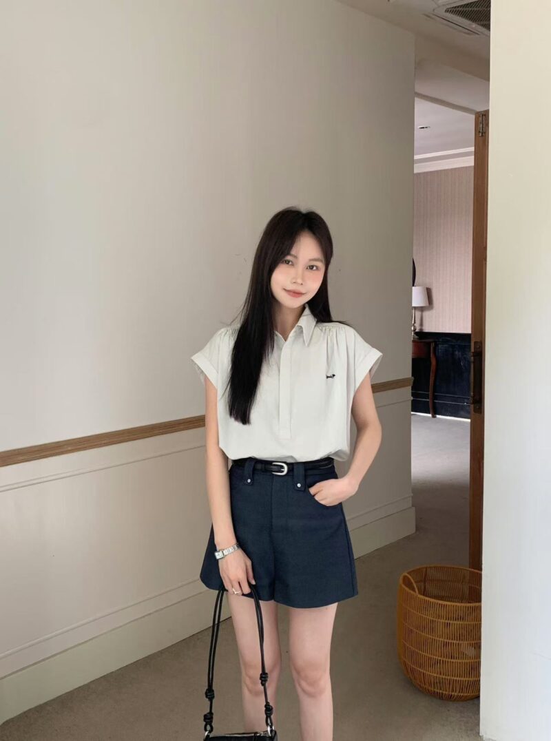 层次小衫~ 刺绣小狗韩系显瘦小衫 | Pleated Embroidered Top (3 colours) - Image 5