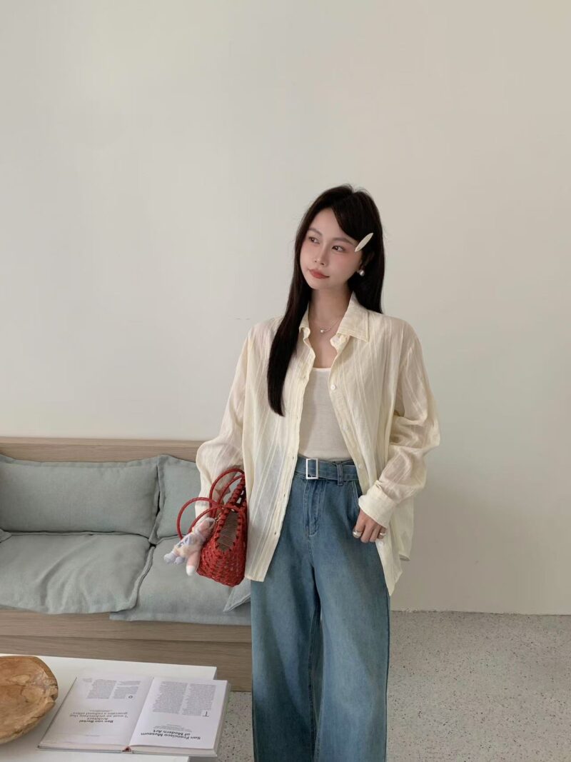 杏花乌龙茶~ 松弛微透奶油黄衬衫 | Butter Milk Sheer Blouse - Image 4