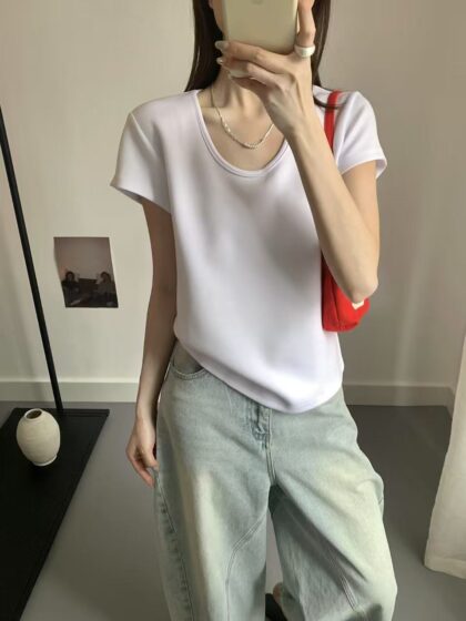 零重力感~ 质感铜氨丝空气小飞袖U领Tee (冷紫蓝) | SilkAir U-Neck Tee (Cold Lilac)