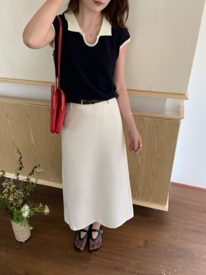 一见如初~ 撞色针织Polo领休闲上衣 (深蓝) | Knit Casual Polo Top in Navy