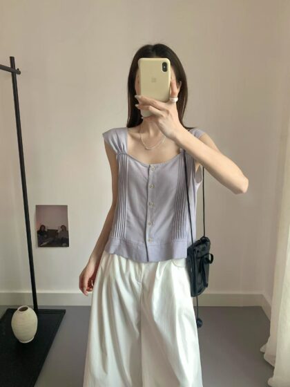 优雅出街~ 棉麻气质小衫 (薰衣草) | Cotton-Linen Top in Lavender