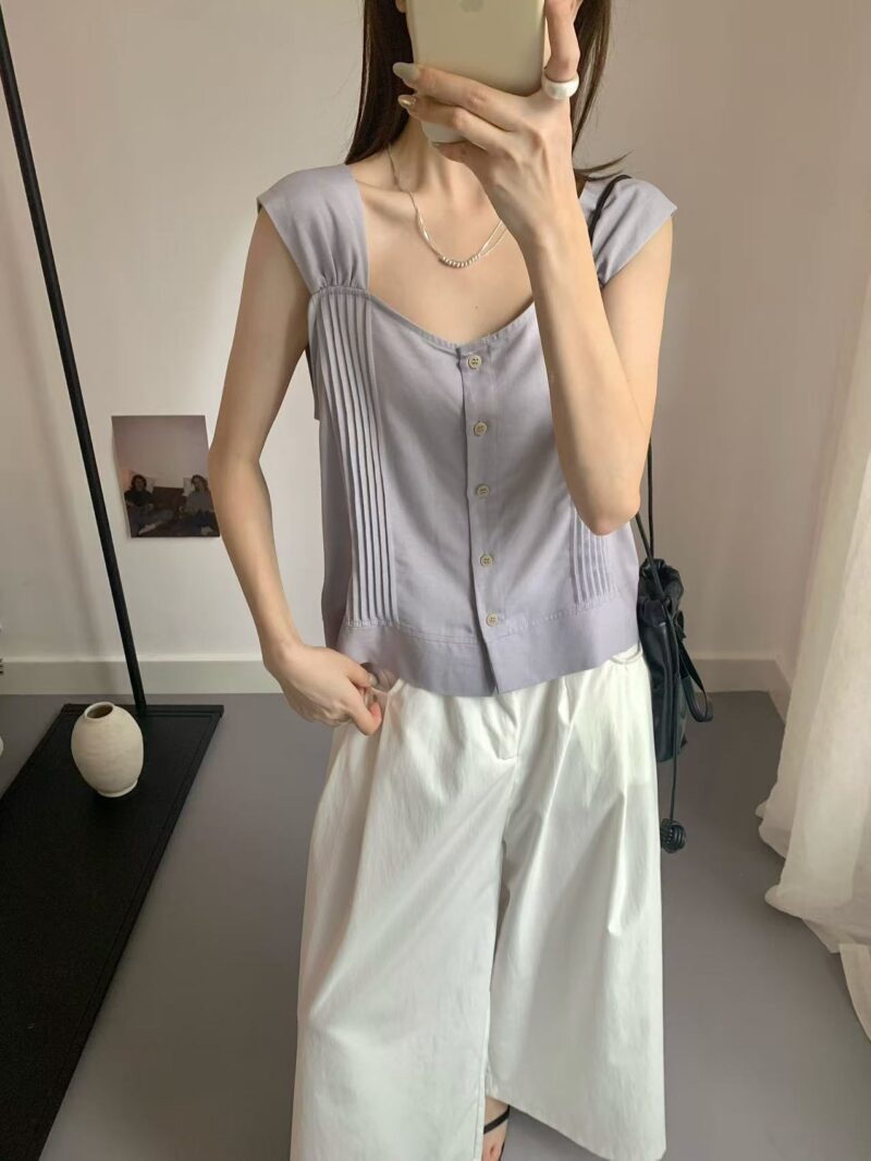 优雅出街~ 棉麻气质小衫 (深蓝色) | Cotton-Linen Top in Navy - Image 2