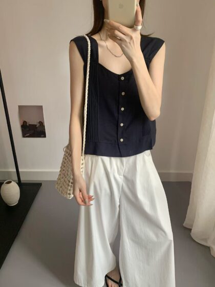 优雅出街~ 棉麻气质小衫 (深蓝色) | Cotton-Linen Top in Navy