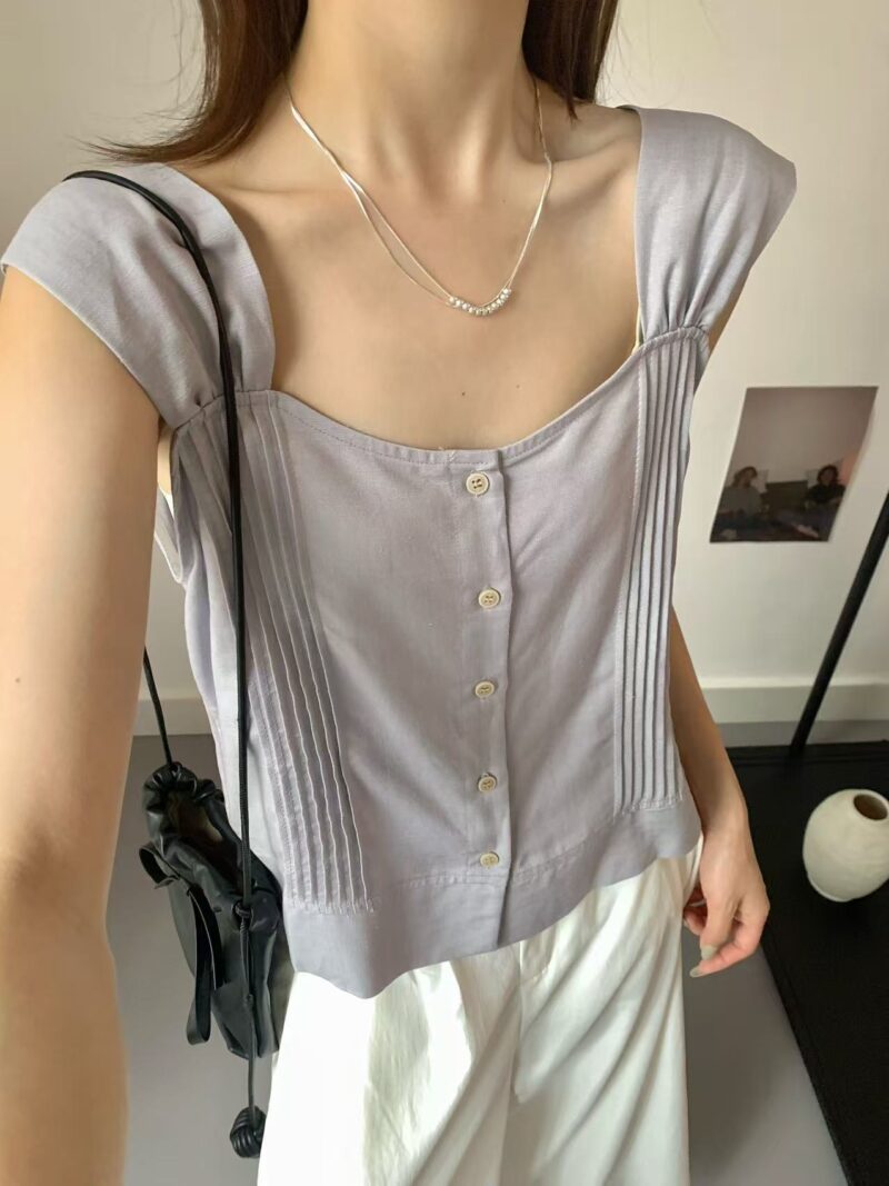 优雅出街~ 棉麻气质小衫 (深蓝色) | Cotton-Linen Top in Navy - Image 4