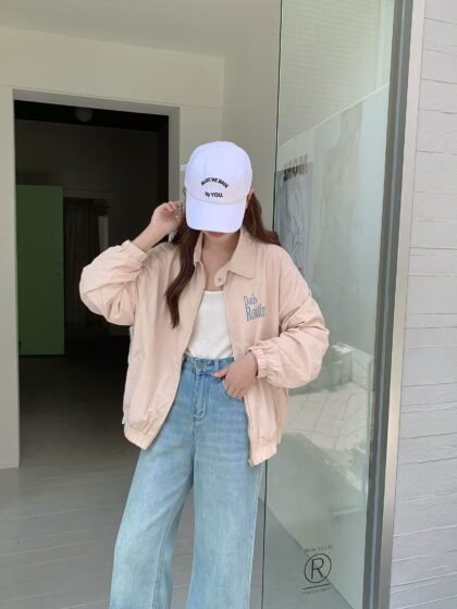 Letter Print Loose Windbreaker (Muted Pink)