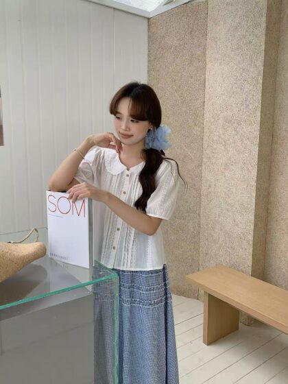 田园女孩~ 娃娃领镂空小上衣 | Garden Eyelet White Blouse