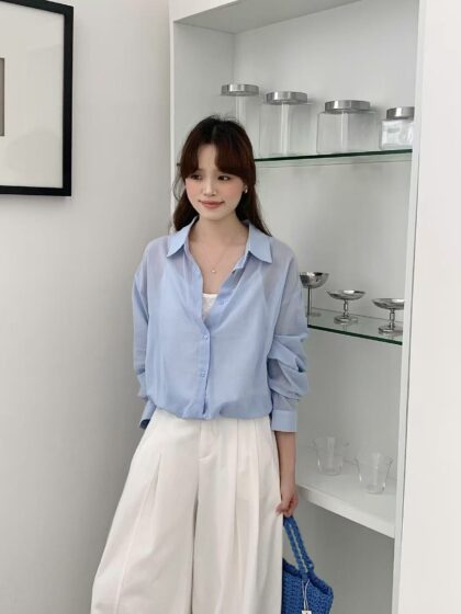 层次搭配~ 韩系假两件背心衬衫 (蓝色) | Layered Shirt in Blue
