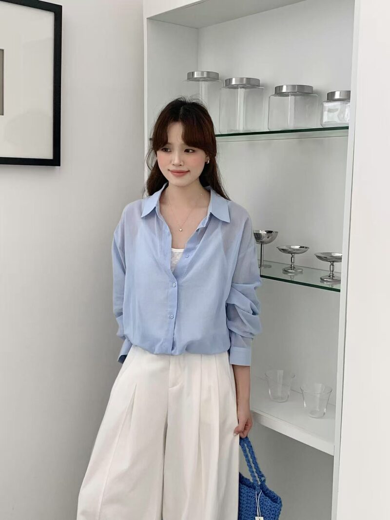 层次搭配~ 韩系假两件背心衬衫 (蓝色) | Layered Shirt in Blue