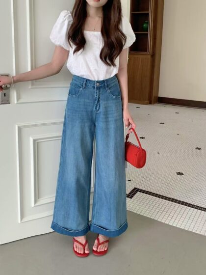 Foldover Straight Cut High-Waist Denim Jeans