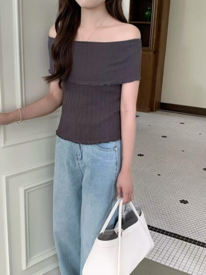 Olive Ribbed Off-Shoulder Tube Top (Dark grey)