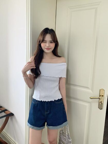 Olive Ribbed Off-Shoulder Tube Top (Baby Blue)