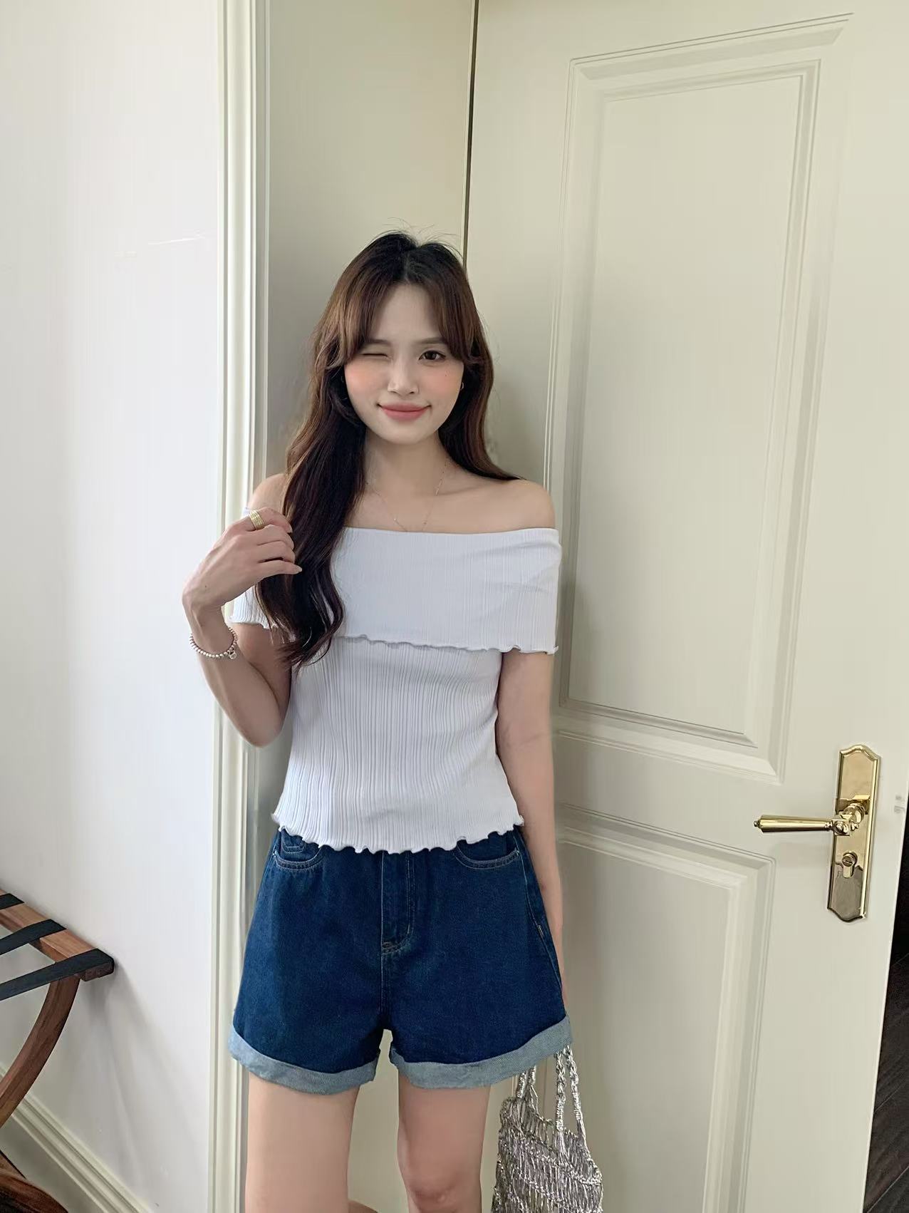 Olive Ribbed Off-Shoulder Tube Top (Baby Blue)