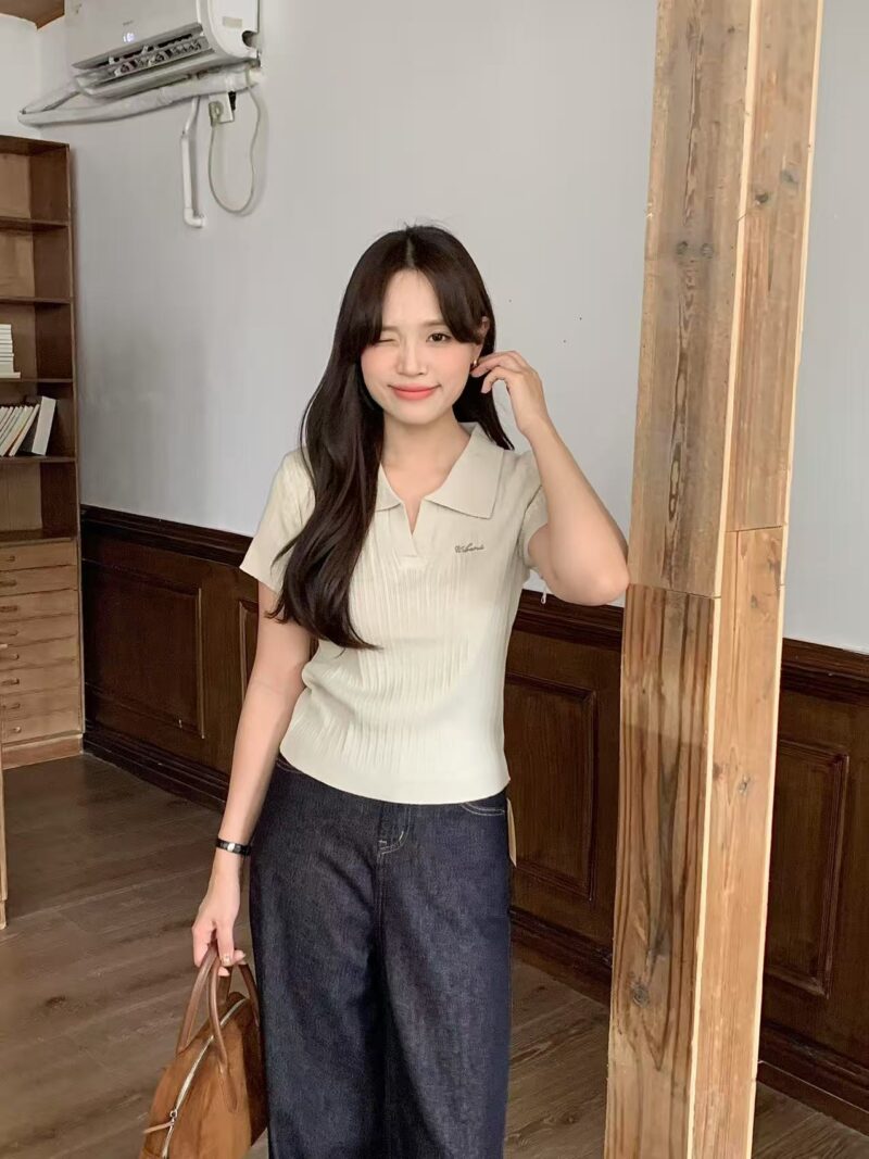 Hallie Embroidered Knit Polo Tee (Khaki) - Image 9