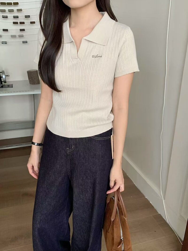 Hallie Embroidered Knit Polo Tee (Khaki) - Image 3