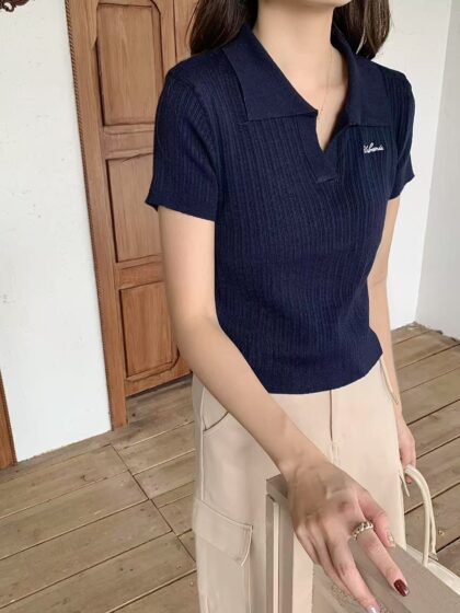 Hallie Embroidered Knit Polo Tee (Navy)