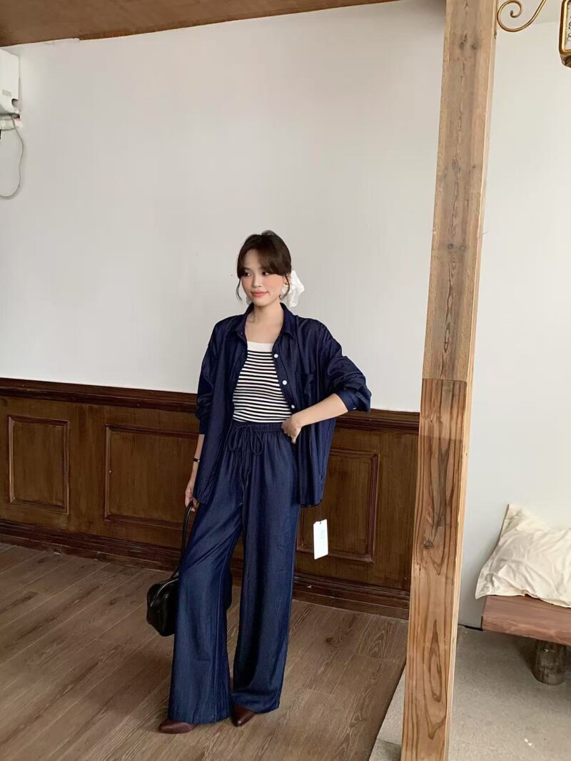Tencel Wrinkle-Free Navy Blue Chic 2 Pieces Setwear - Image 3