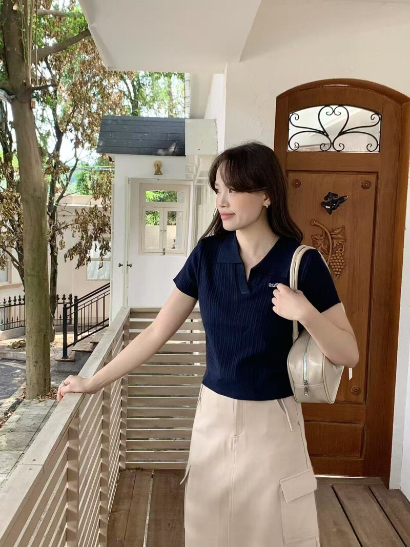 Hallie Embroidered Knit Polo Tee (Khaki) - Image 2