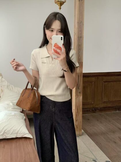 Hallie Embroidered Knit Polo Tee (Khaki)