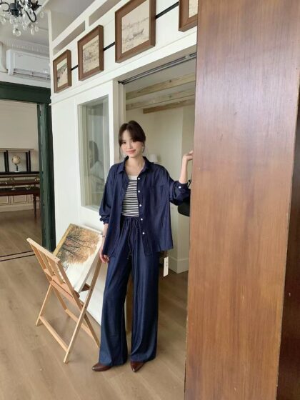 Tencel Wrinkle-Free Navy Blue Chic 2 Pieces Setwear