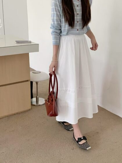 Voluminous White A-Line Midi Skirt