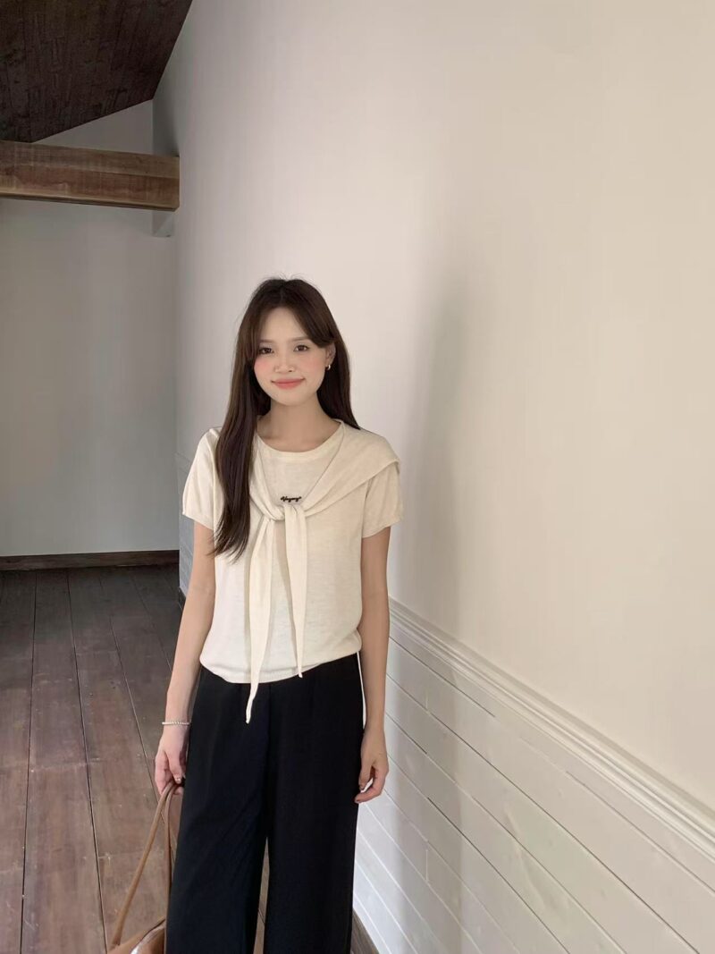 Shawl Overlay Two-in-One Knit Top (Beige) - Image 8