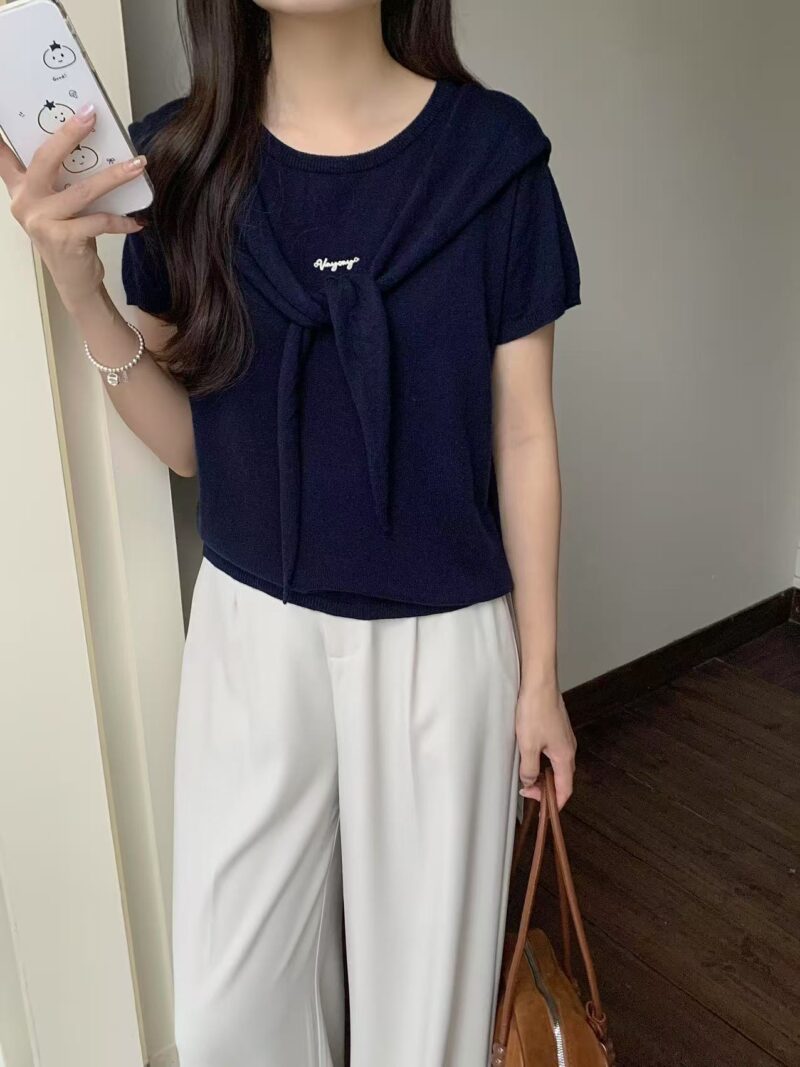Shawl Overlay Two-in-One Knit Top (Beige) - Image 5