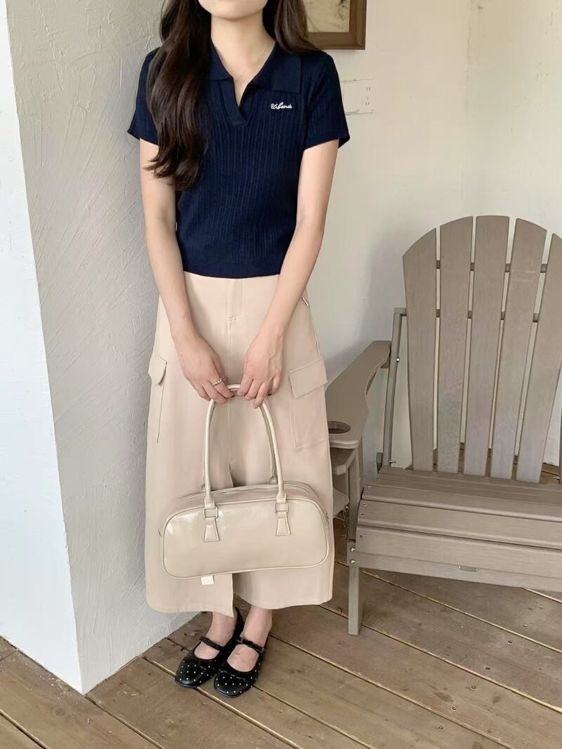 Hallie Embroidered Knit Polo Tee (Khaki) - Image 12