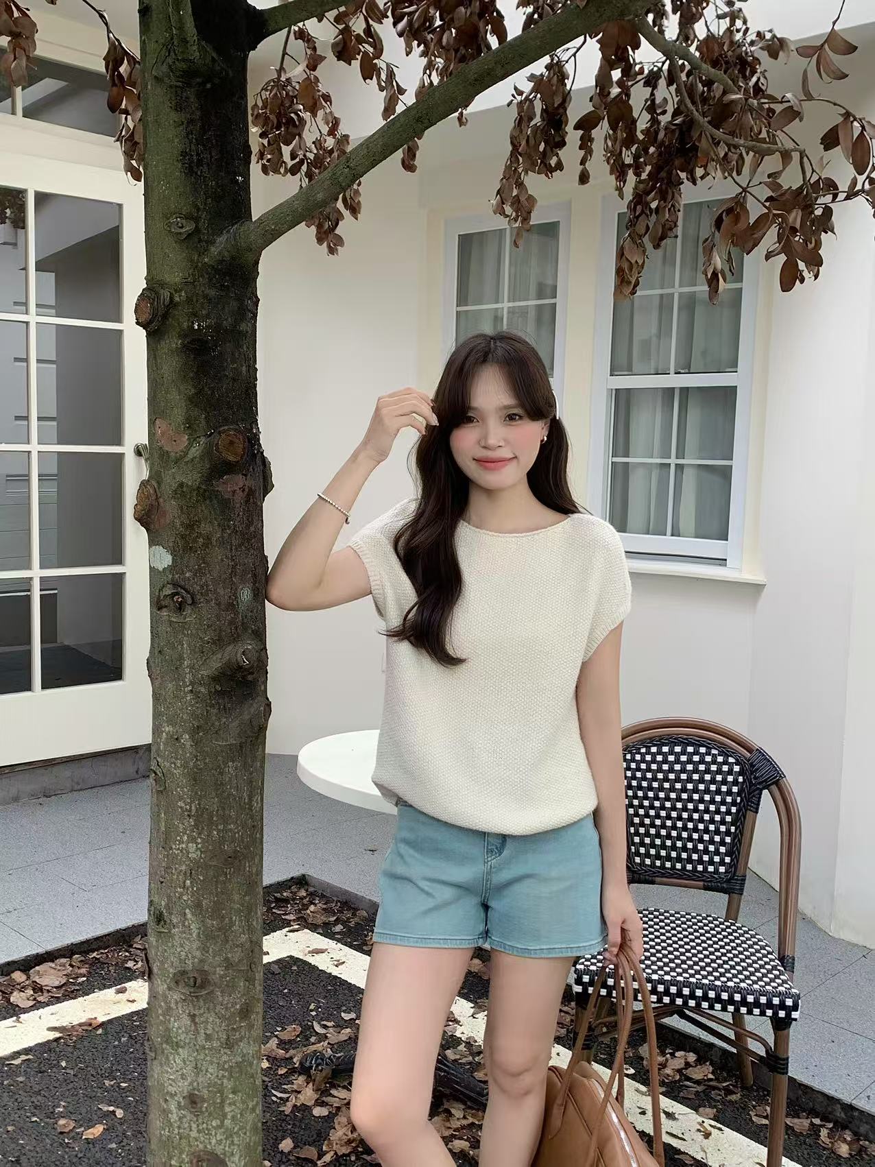 Seamless Shoulder Knit Top in Beige Oat