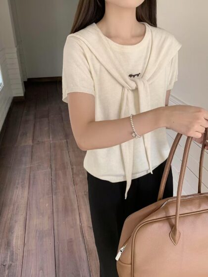 Shawl Overlay Two-in-One Knit Top (Beige)