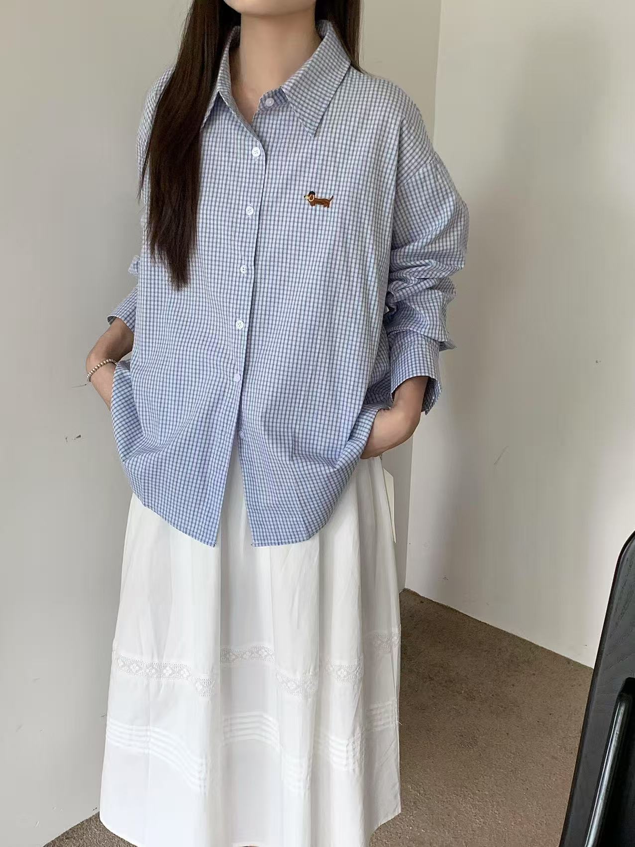 Embroidered Dachshund Oversized Shirt (Checkered)