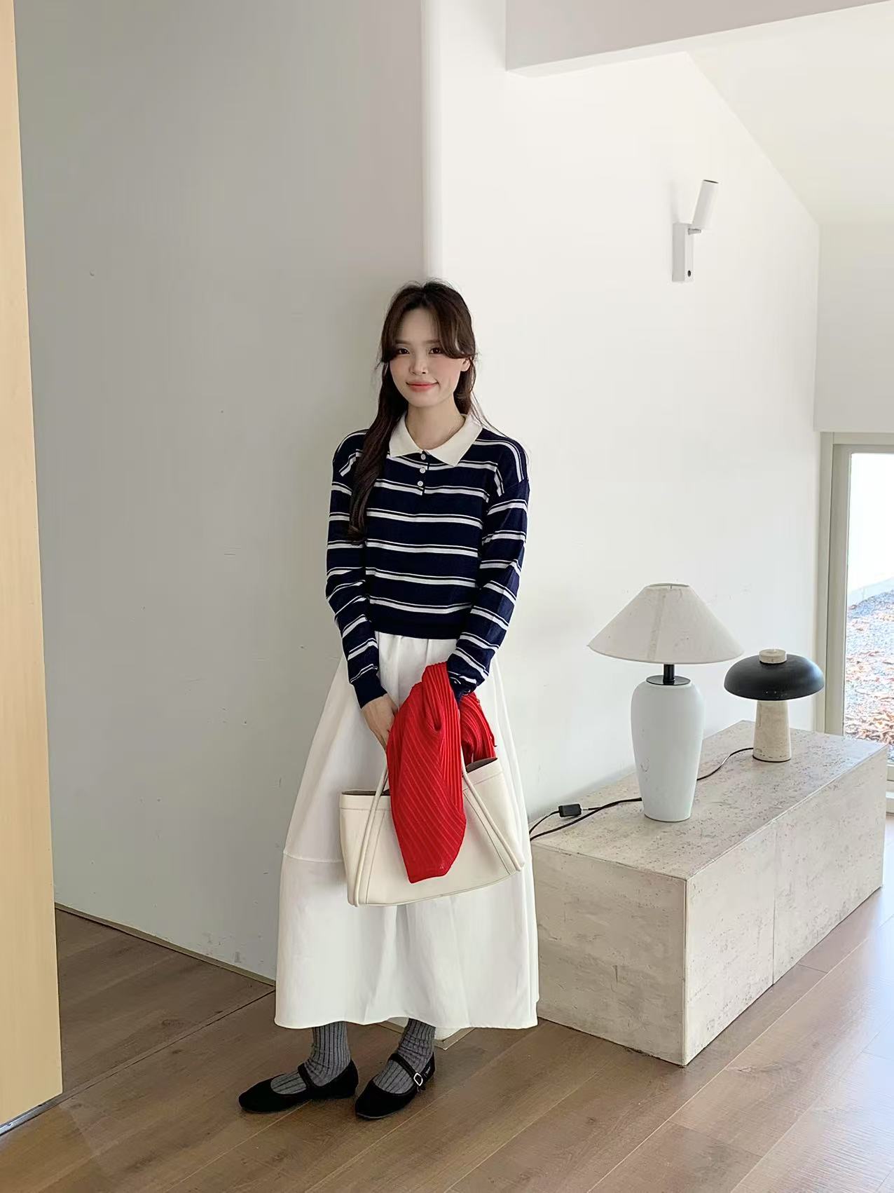 Retro Striped Knit Polo Long Sleeve Top (3 colours) - Image 7