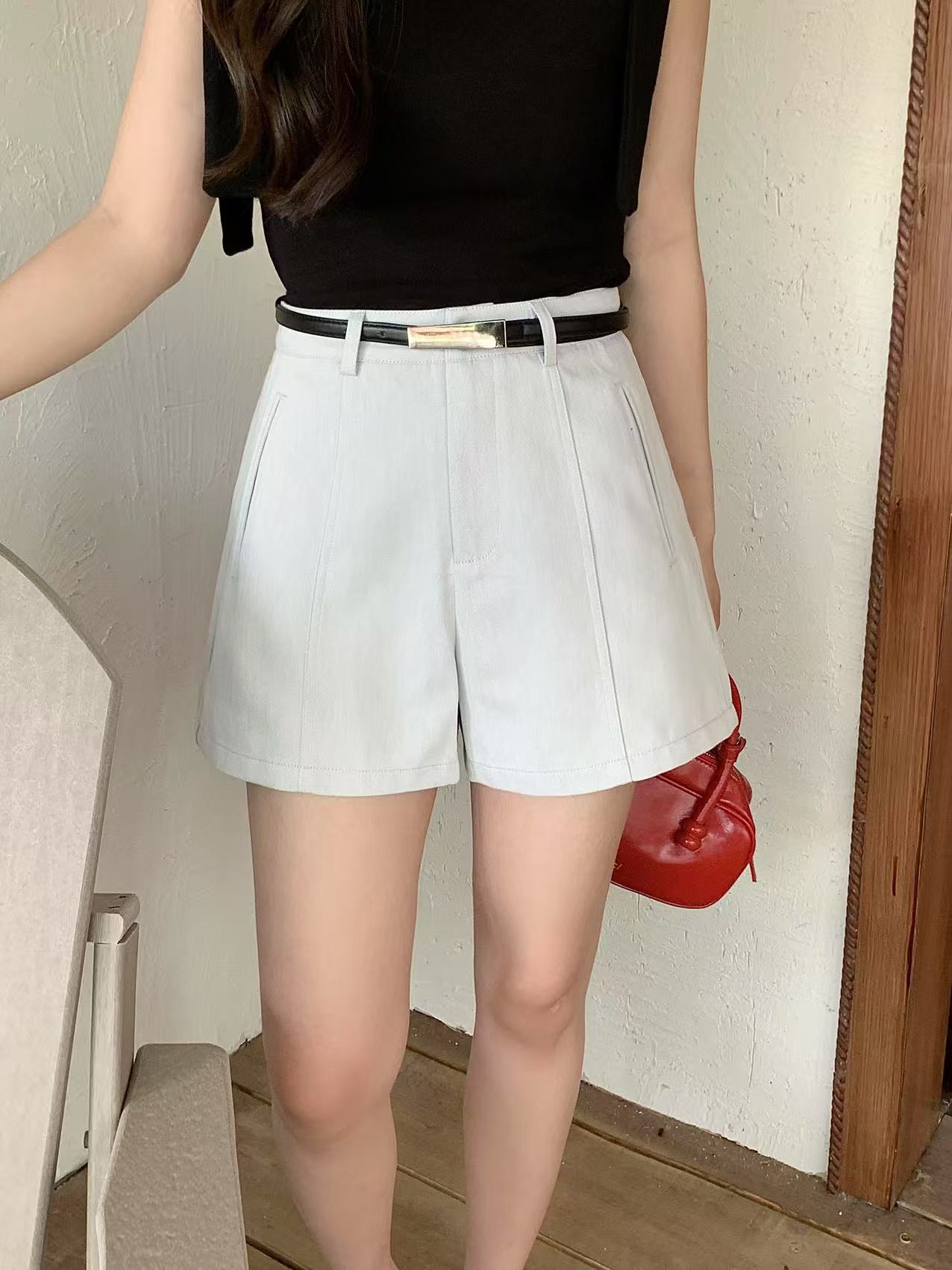 Sea Salt Blue Washed Cotton A-Line HW Shorts - Image 4