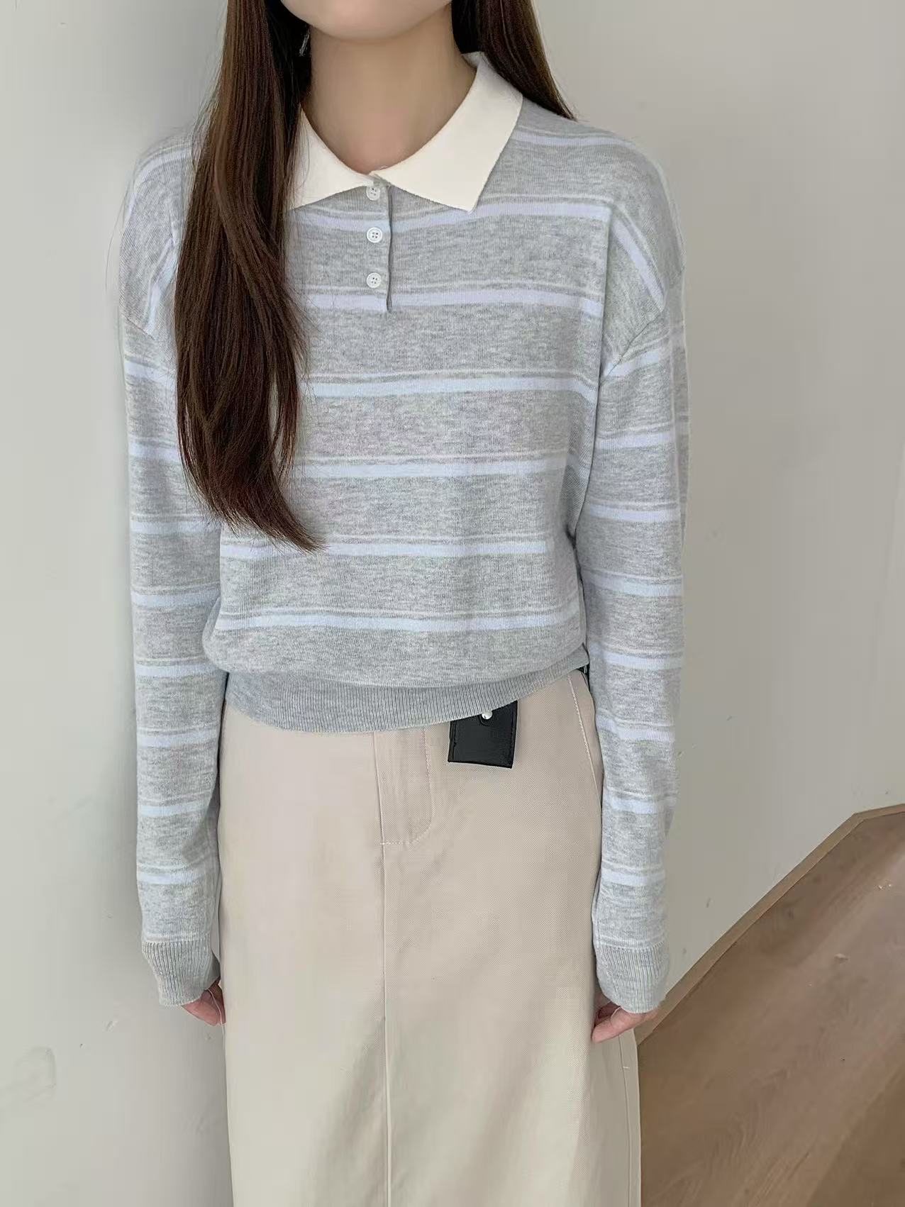 Retro Striped Knit Polo Long Sleeve Top (3 colours) - Image 6