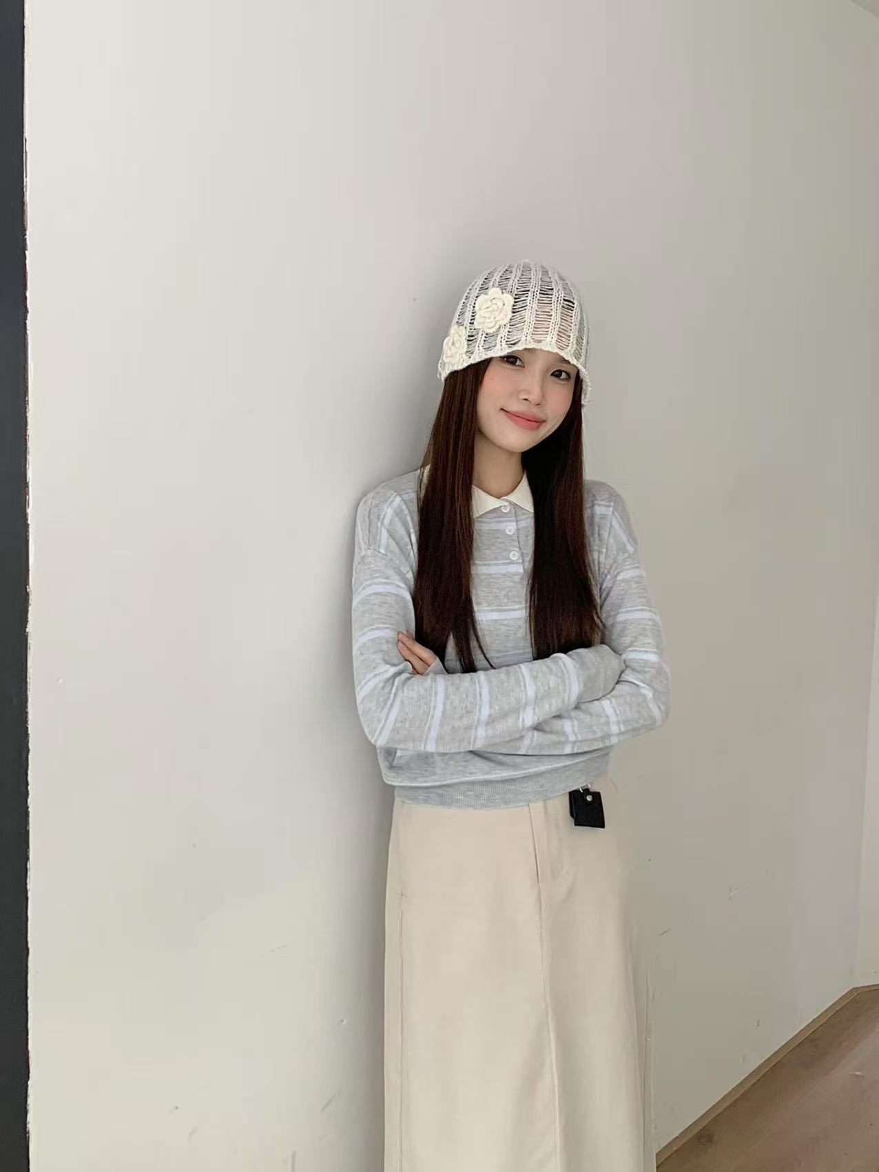 Retro Striped Knit Polo Long Sleeve Top (3 colours) - Image 9