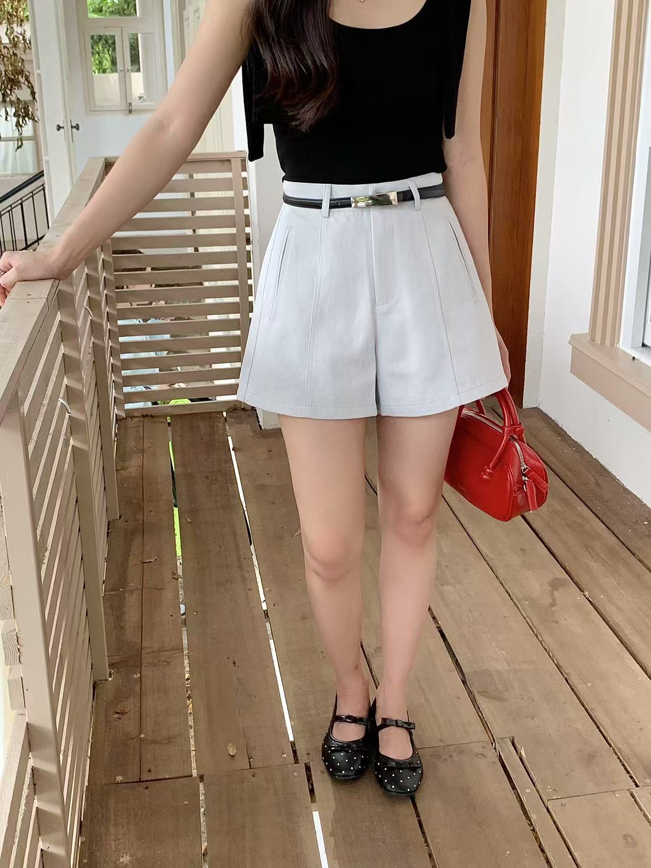 Sea Salt Blue Washed Cotton A-Line HW Shorts