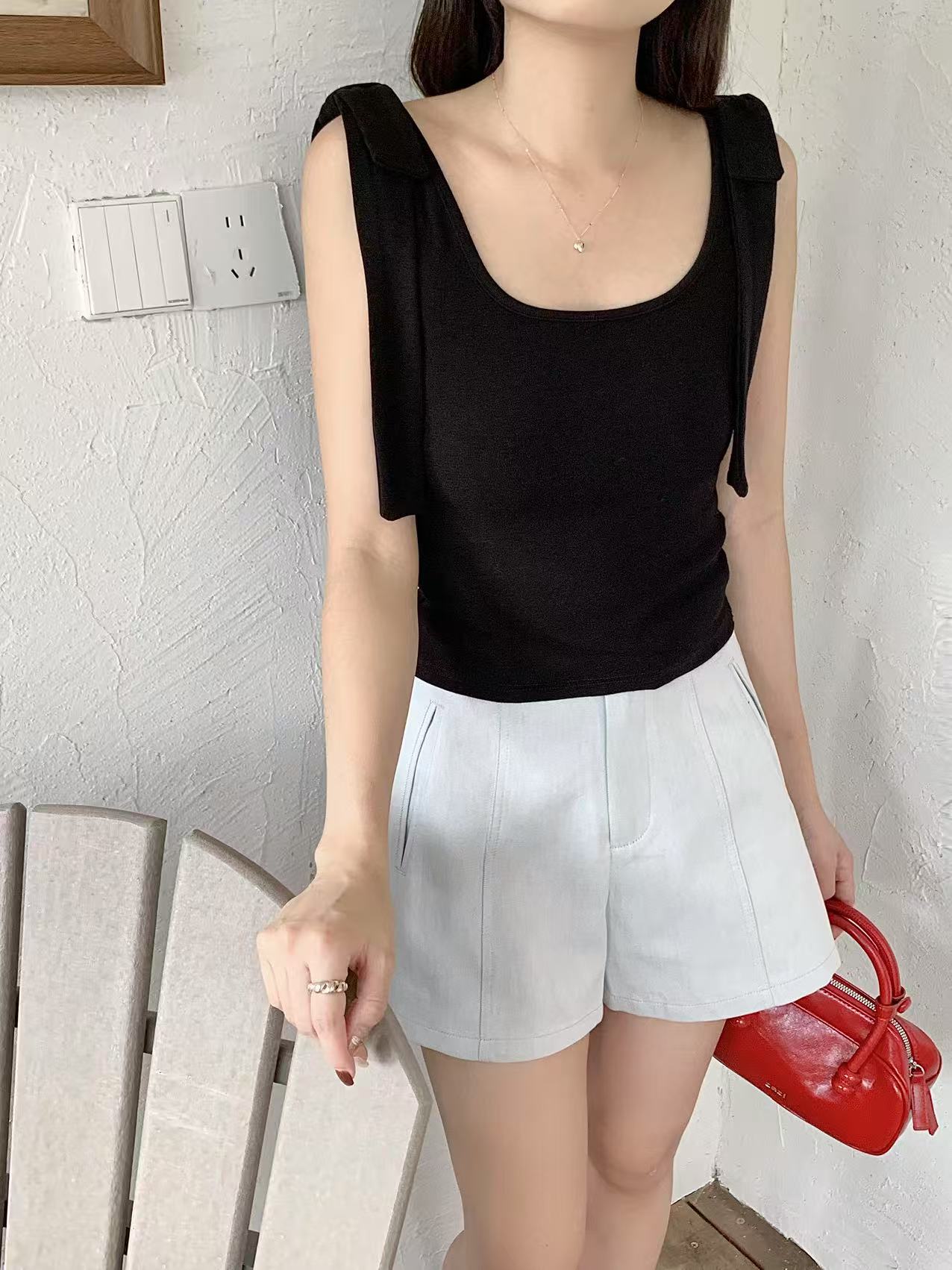 Sea Salt Blue Washed Cotton A-Line HW Shorts - Image 5