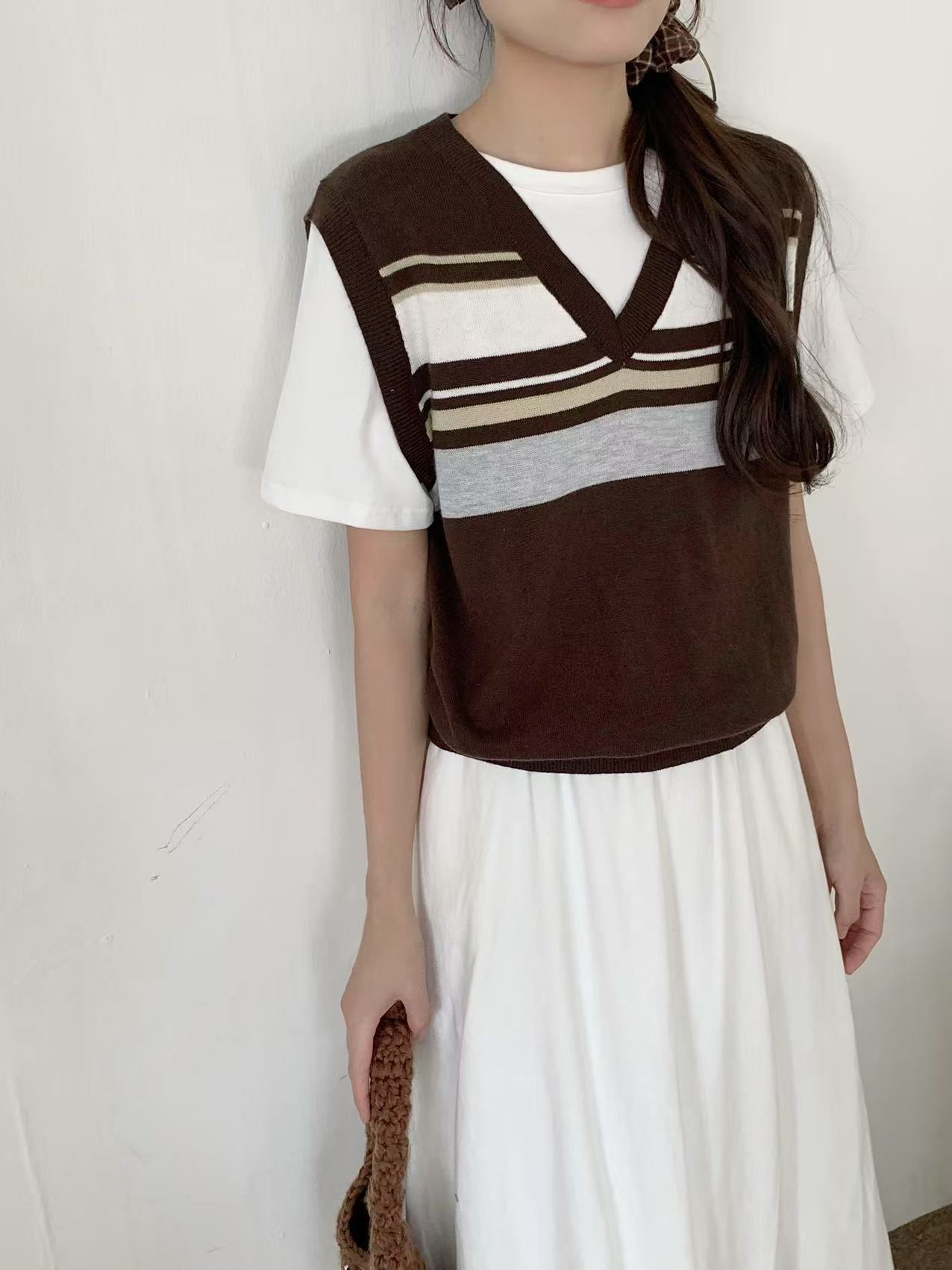 Retro Preppy Brown Layered Top with Vest - Image 3
