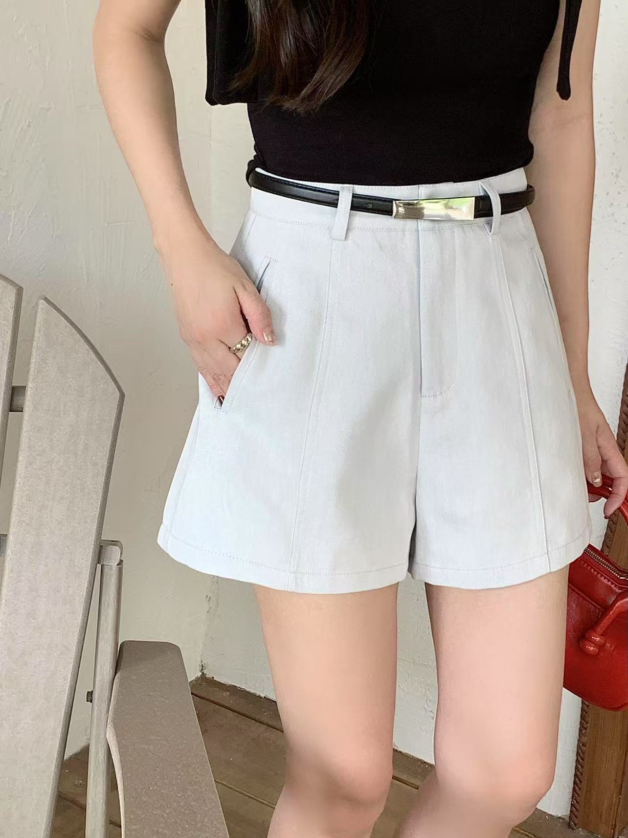 Sea Salt Blue Washed Cotton A-Line HW Shorts - Image 3