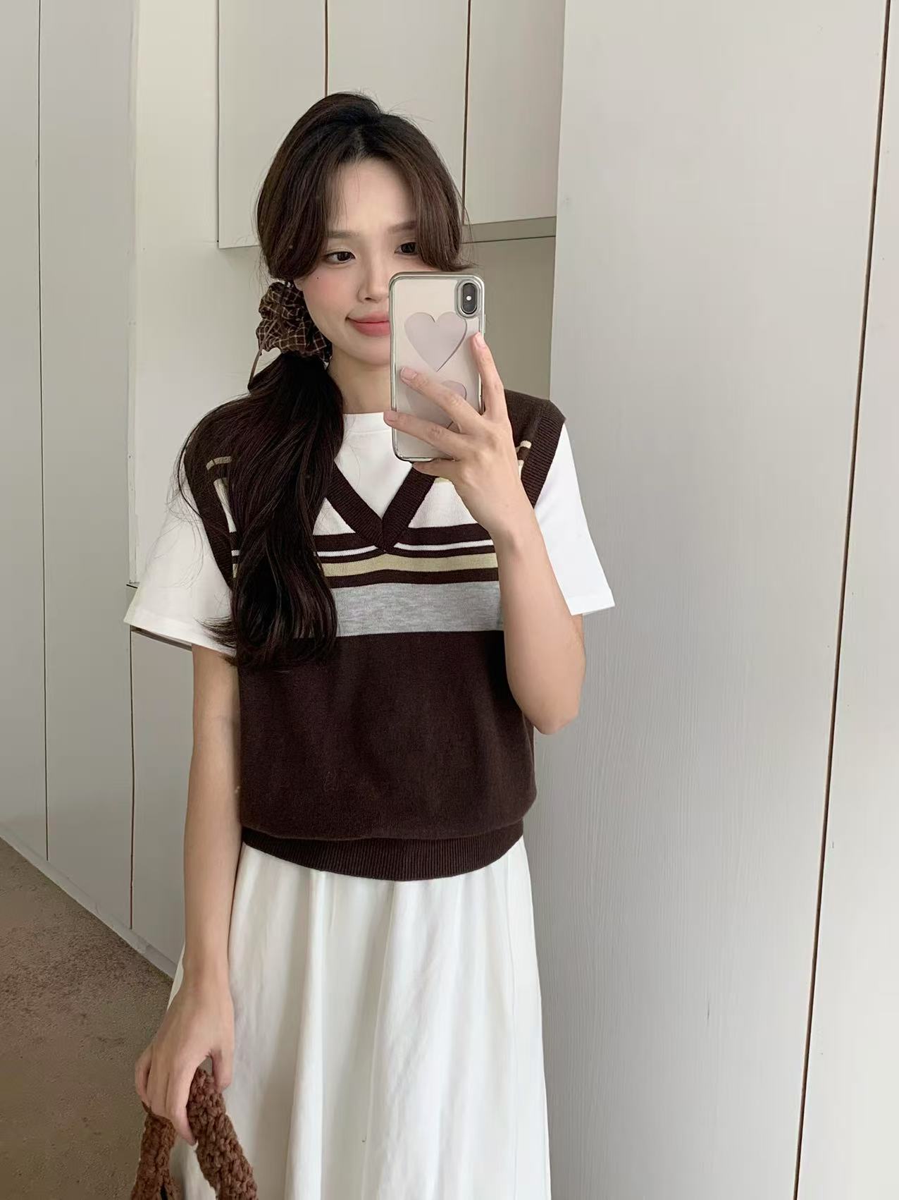 Retro Preppy Brown Layered Top with Vest - Image 4