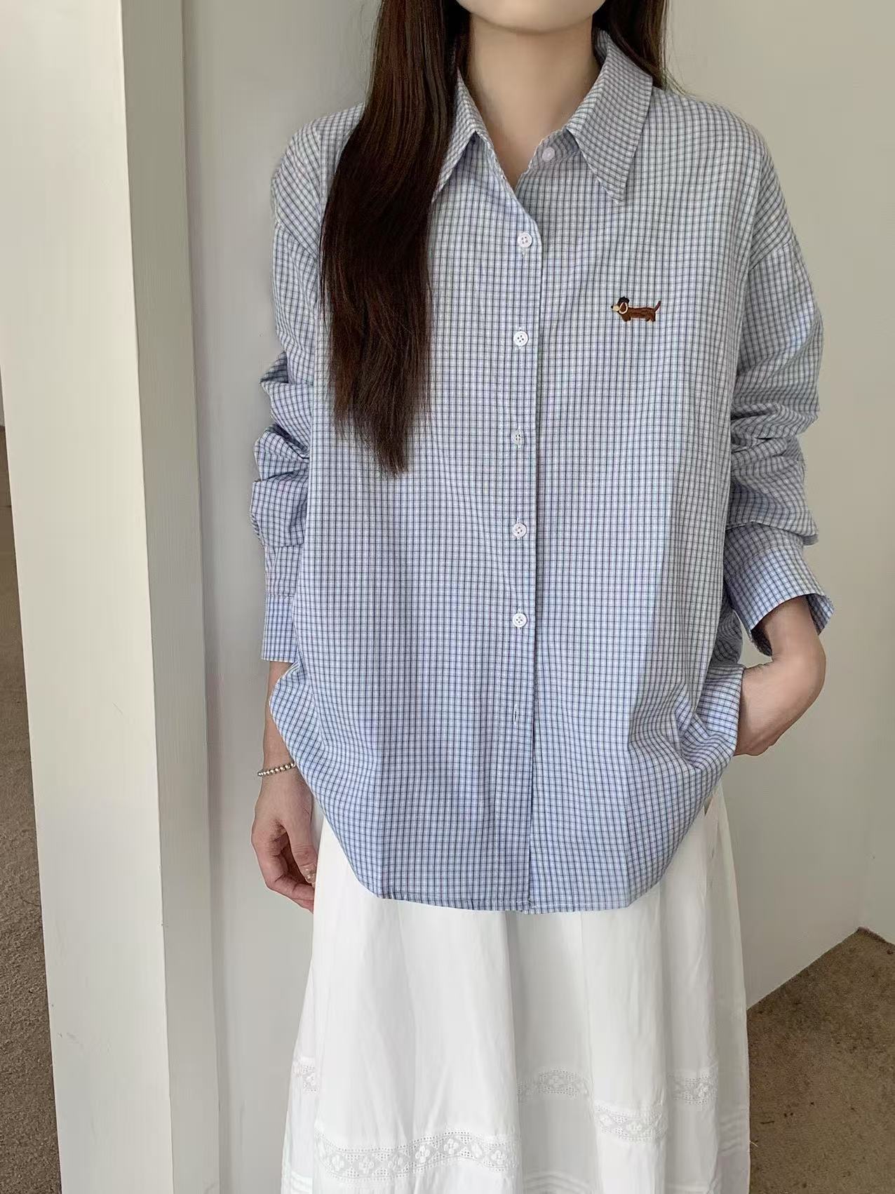 Embroidered Dachshund Oversized Shirt (Checkered) - Image 7