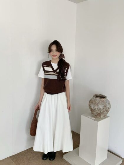 Retro Preppy Brown Layered Top with Vest