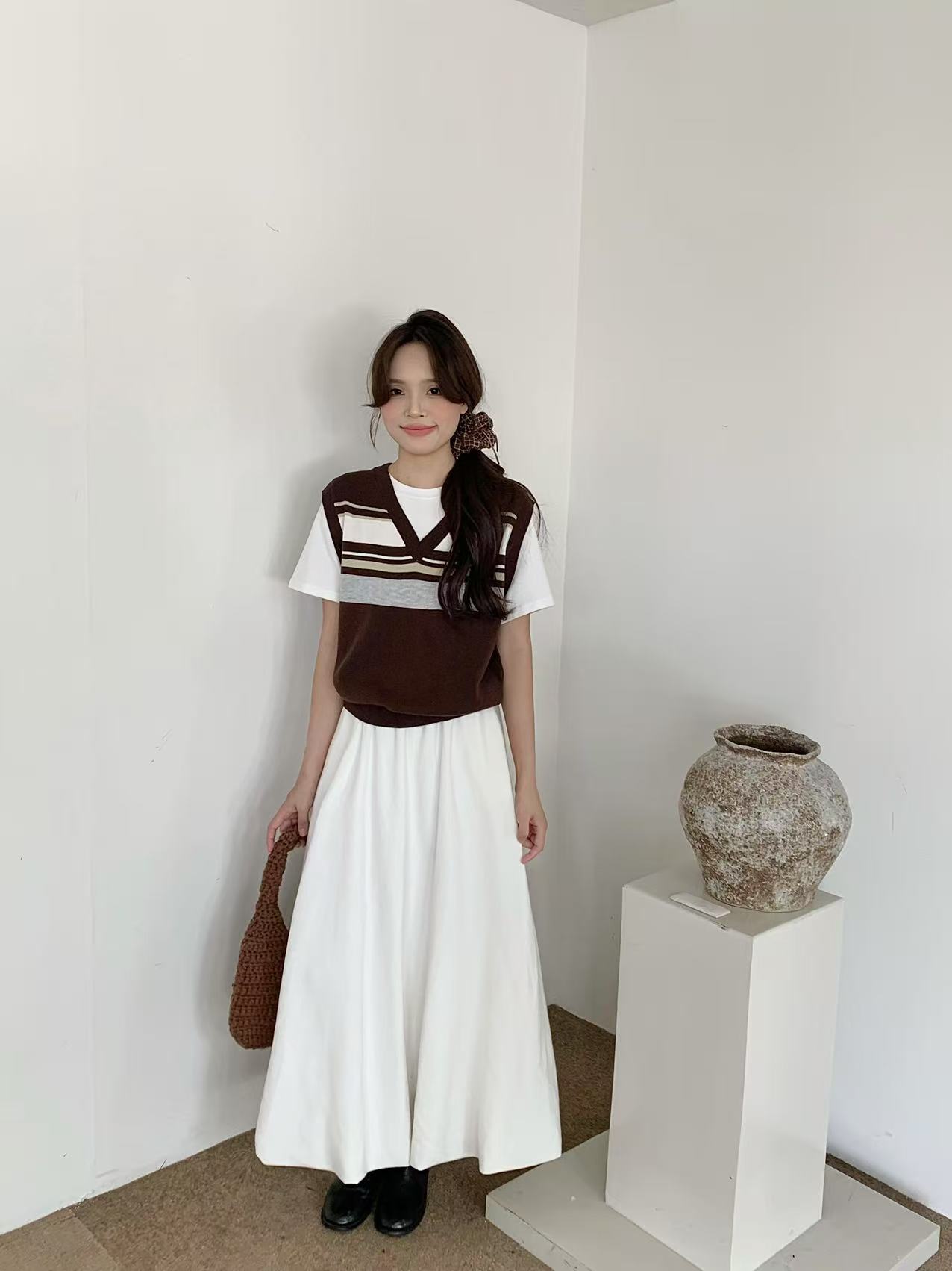 Retro Preppy Brown Layered Top with Vest