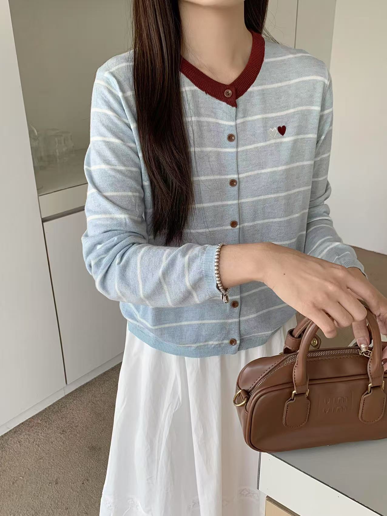 Retro Blue Red Hearty Striped Knit Cardigan