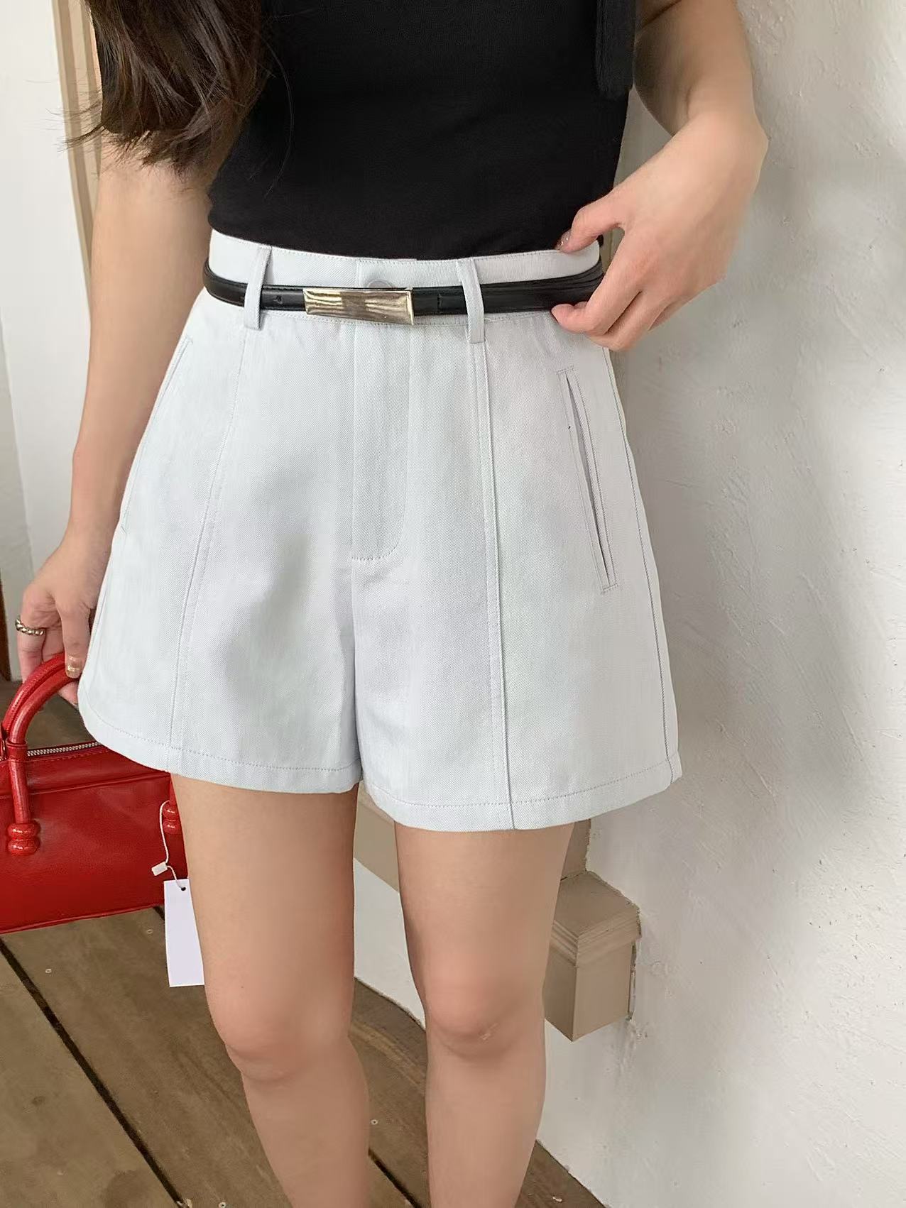 Sea Salt Blue Washed Cotton A-Line HW Shorts - Image 2